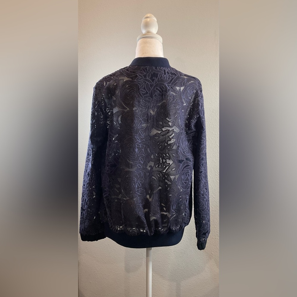 Anthropologie Elevenses Navy Blue Lace Bomber Jacket - Picture 9 of 16